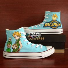 High Top Anime Converse Shoes Digimon Hand Painted Canvas Sneaker Digimon Design, Converse Bleu, Castle Anime, Chibi Totoro, Women High Top Sneakers, Painted Converse, Painted Canvas Shoes, Anime Woman