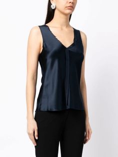 VOZ Satin V-neck Tank Top - Farfetch Blue Satin Top, Silk Vest, Versace Outfit, Silk Tank Top, Yoko London, V Neck Tank Top, Silk Tank, Satin Top, Hem Top