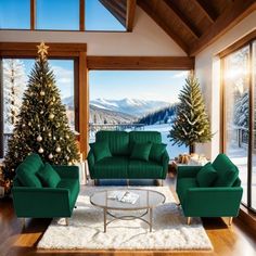 a living room filled with green furniture and christmas trees in front of a large window