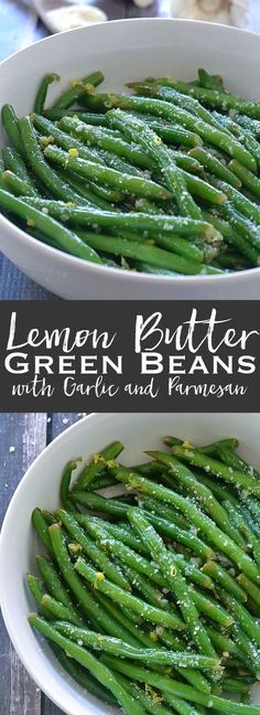 two white bowls filled with green beans on top of a wooden table