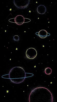 an image of the planets in space with stars and circles around them on a black background