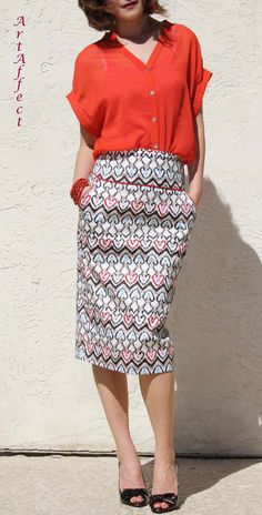 High Waist Pencil Skirt-Repeated heart pattern by artaffect Patterned Fitted Skirt, Patterned Lined Skirt, Multicolor Mini Skirt With Pockets, Pencil Skirt Summer, Summer Midi Skirt, Pencil Cut Skirt, Pocket Heart, Midi Skirts Summer, Skirt Office