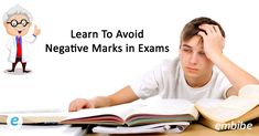 a young man sitting at a desk with an open book in front of him and the words learn to avoid negative marks in exam