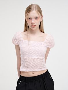 This is a trendy and feminine top by ETMON that is made out of high quality and sturdy material. With distinctive mood of the design and modern feminine look, you can style it for your casual daily outfit.- Soft touch of lace fabric- Cropped slim silhouette and square neckline- Feminine and trendy look Feminine Cotton Crop Top, Casual Stretch Lace Top, Spring Lace Tops With Puff Sleeves, Chic Stretch Lace Top With Short Sleeves, Feminine Short Sleeve Lace Top, Trendy Fitted Lace Tops, Casual Lace Blouse With Short Sleeves, Trendy Stretch Lace Top, Casual Stretch Mesh Top With Lace