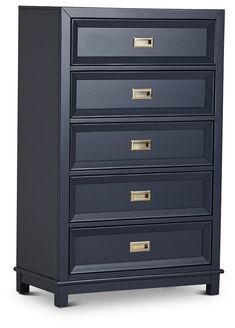 a blue chest of drawers with gold handles and knobs on the bottom, against a white background