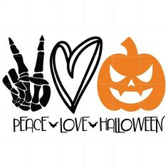 the peace love halloween sign is next to a jack - o'- lantern pumpkin