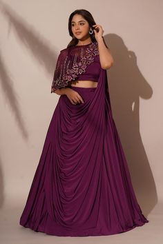 Buy Purple Lycra Embellished Sequins Solid Lehenga Saree Asymmetric Cape Set For Women by Chaashni by Maansi and Ketan Online at Aza Fashions. Unique Lehenga Blouse Designs, Shrug Lehenga Designs, Ethnic Lehenga Designs, Night Wedding Function Dress, Trending Lehenga Designs, Solid Lehenga, Dress With Shrug, Asymmetric Cape, Indo Western Outfits For Women