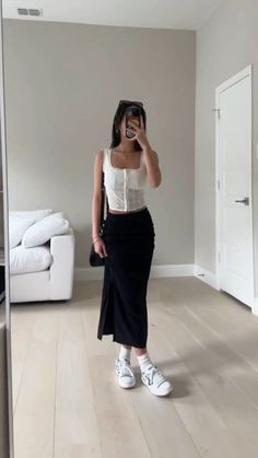 Black Dress White Undershirt, Korea Clubbing Outfit, Outfit With Sneakers Summer, White Top And Black Pants Outfit, Work Function Outfit, Japan Outfit Inspo Summer, Black Skirt Long Outfit, Long Skirt Black Outfits, Boba Date Outfit