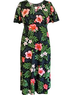 Leilani Knee Length Dress with flutter Sleeves Black RJC Black Flutter Sleeve Dress For Vacation, Black Flutter Sleeve Beach Dress, Fitted Black V-neck Beach Dress, Easy Wear Dresses, Dress With Flutter Sleeves, Muumuu Dress, Business Casual Shirts, Hawaii Usa, Rayon Shirt