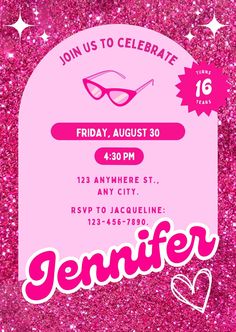 a pink birthday party flyer with the word,'join us to celebrate'on it