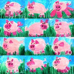 several pictures of pigs in the grass