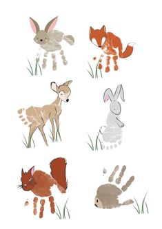 four different types of animals are shown in this drawing style, and each animal has its own hand print on it