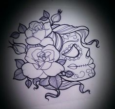 a drawing of a skull with roses on it