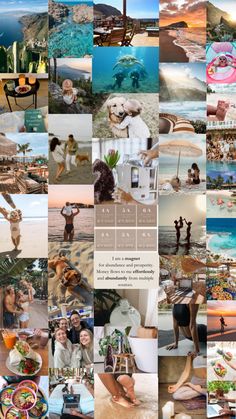 a collage of photos with people and animals in them, including one woman standing on the beach