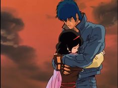 two anime characters hugging each other in front of an orange sky