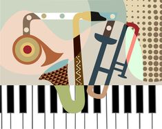 an abstract painting with musical instruments and piano keys