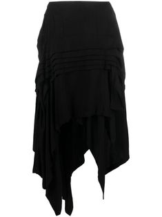 black wool blend asymmetric design high-waisted mid-length Chic Black Asymmetrical Draped Skirt, Chic Black Draped Skirt With Asymmetrical Hem, Black Asymmetrical Hem Skirt For Work, Black Asymmetrical Draped Skirt, Black Asymmetrical Voluminous Maxi Skirt, Black Voluminous Asymmetrical Maxi Skirt, Black Asymmetrical Relaxed Fit Draped Skirt, Relaxed Fit High-low Hem Skirt For Work, Black Asymmetrical Hem Pleated Maxi Skirt