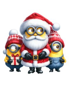 two minion characters dressed as santa claus and the minions are standing next to each other