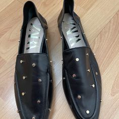 Very Soft And Lightweight Loafers. Decorated With Studs. Two Studs Fell Off, But It Is On The Side Of The Shoe, And Almost Unnoticeable. Black Studded Flats For Formal Occasions, Casual Loafers With Metal Feet And Pointed Toe, Casual Leather Loafers For Parties, Black Studded Pointed Toe Flats, Black Pointed Toe Flats With Studs, Chic Zara Loafers For Fall, Zara Loafers For Work With Pointed Toe, Spring Black Loafers With Studded Rubber Outsoles, Zara Pointed Toe Loafers For Office