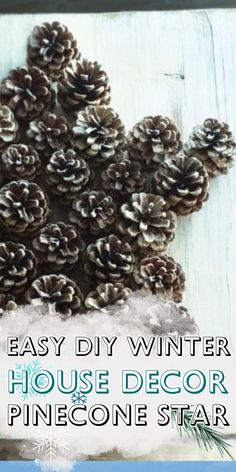 pine cones are arranged in the shape of a snowflake with text overlay that reads easy diy winter house decor pinecone star