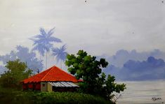 an oil painting of a house on a hill by the water with palm trees in the background