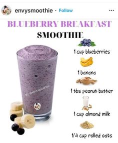 the blueberry breakfast smoothie is in a glass with bananas and other ingredients around it