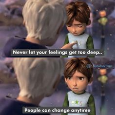 an animated scene with two people talking to each other and the caption reads, never let your feelings get too deep