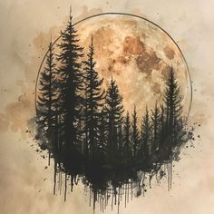 Bold Full Moon Tattoo Design Pack Moon Landscape Tattoo, Dark Nature Tattoo Sleeve, Upper Arm Cover Up Tattoos For Women, Moon Tattoos Men, Autumn Tattoo Ideas, Woodsy Tattoos, Crescent Moon Tattoo Design, Rip Tattoos For Mom