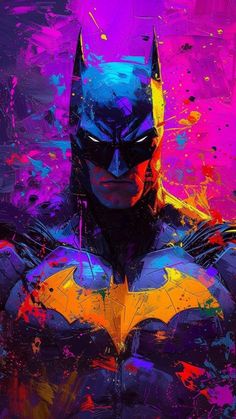 a painting of the batman with paint splattered on it's face and chest