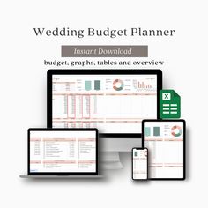 the wedding budget planner is displayed on three computer monitors and two laptops, with one monitor