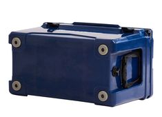 a blue plastic case with two handles and latches on the front is shown against a white background