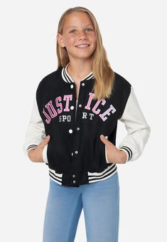 Smiley Justice Varsity Jacket Casual Cotton Varsity Jacket For Campus, Trendy Varsity Jacket For Winter Campus, Trendy Winter Varsity Jacket For Campus, Spring Casual Varsity Jacket For College, Trendy Long Sleeve Varsity Jacket For College, Trendy School Outerwear For Fall, Trendy Fall Outerwear For School, Trendy School Outerwear With Letter Print, Trendy Letter Print Outerwear For School