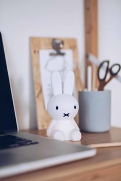 a small white rabbit sitting on top of a desk next to a laptop and pen