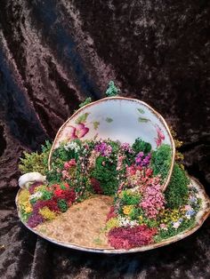 a plate with flowers and plants in it on a black cloth covered tablecloth background