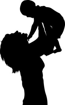 the silhouette of a woman holding a child up in the air with one hand on her head