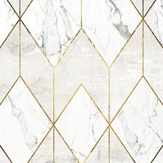 a white marble wall with gold lines and diamond shapes on the top, as well as an abstract geometric design