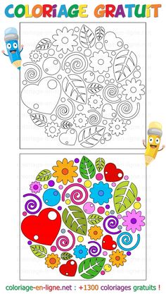 a coloring page with an image of flowers and hearts