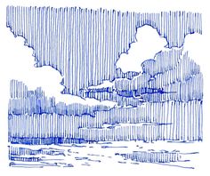 a blue ink drawing of clouds and trees in the distance with water running through it