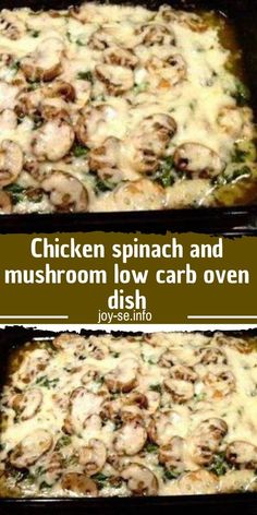 chicken spinach and mushroom low carb casserole dish with text overlay