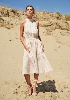 Linen high neck dress Estelle 1 Below The Knee Dress, Linen Halter Dress, Natural Linen Dress, Below The Knee Dresses, Long Linen Dress, Calf Length Dress, Balloon Sleeve Dress, Linen Midi Dress, Dress For Woman