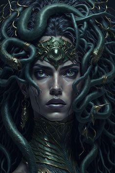 a woman with snakes on her head and an octopus around her neck, in front of a black background