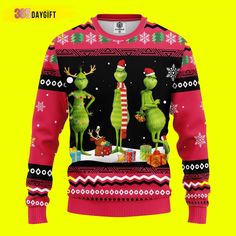 an ugly sweater with the grinen characters on it and presents in front of them