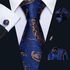 Mens Wedding Tie Navy Blue Golden Paisley 8.5CM Necktie Pocket Square – BarryWang Mens Wedding Ties, Pocket Square Size, Men Tie, Necktie Set, Wedding Tie, Mens Silk Ties, Cufflink Set, Wedding Ties, Mens Neck Ties