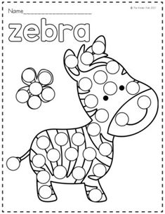 a zebra with dots on it's body and the word zebra in front of it