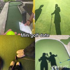 the shadow of two people holding golf clubs is shown in three different photos, one with a man and woman on it