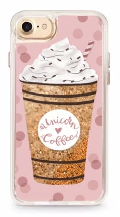 an iphone case with a cup of coffee on the front and pink polka dot background