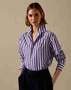 Capri Striped Cotton Shirt Vertical Striped Shirt Women, Ralph Lauren Shirt Women, Outfits With Striped Shirts, Vertical Striped Shirt, Italian Shirts, Striped Shirt Women, White Shirts Women