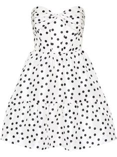 white polka dot print concealed rear zip fastening strapless sweetheart neck fitted waistline full skirt two side inset pockets ruffle hem thigh-length Polka Dot Midi Dress, Rebecca Vallance, Strapless Sweetheart Neckline, White Cocktail Dress, White Polka Dot Dress, Wardrobe Edit, Strapless Midi Dress, Exclusive Fashion, White Midi Dress