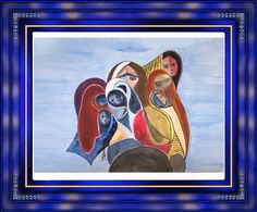 an artistic painting of three women in blue frame