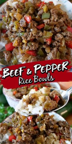 beef and pepper rice bowls with spoons full of meat and vegetables in them, on a plate